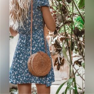 Artisanal Tan Rattan Round Crossbody Bag Leather Strap